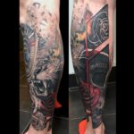 Abstract colour and black and grey lion/rose/skull tattoo