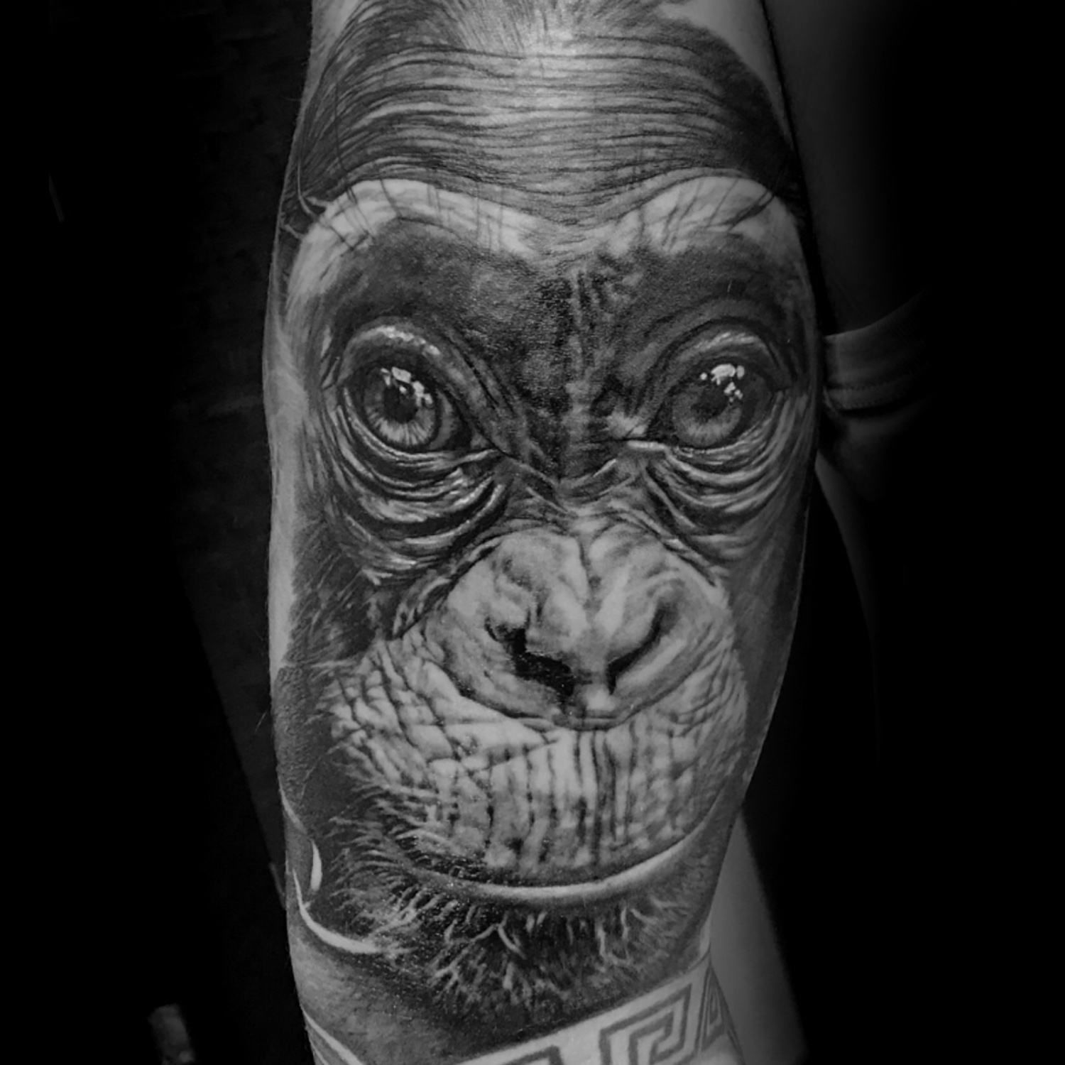 Black and grey realistic chimpanzee tattoo